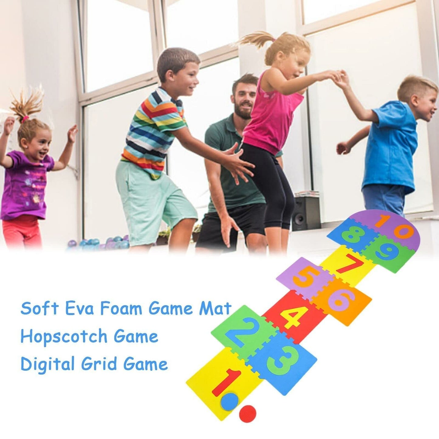 Atarvana Hopscotch Mat For Kids, 12'×12' Hopscotch Interlocking Foam Tiles, Easy To Assemble & Clean, Soft & Reliable Eva Hopscotch Rug, 10 Large Number Foam Play Mats For Most Surface 7 X 2 Ft