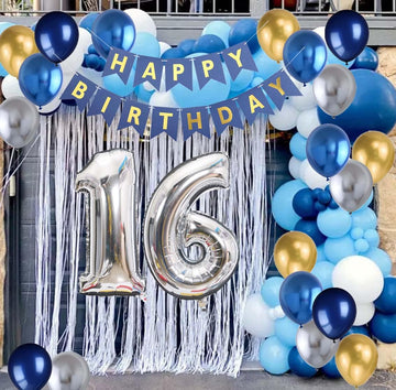 16Th Birthday Party Decoration For Boys, Happy Birthday Banner Blue Number 16 Balloons Metallic Silver Blue Gold Latex Balloon F