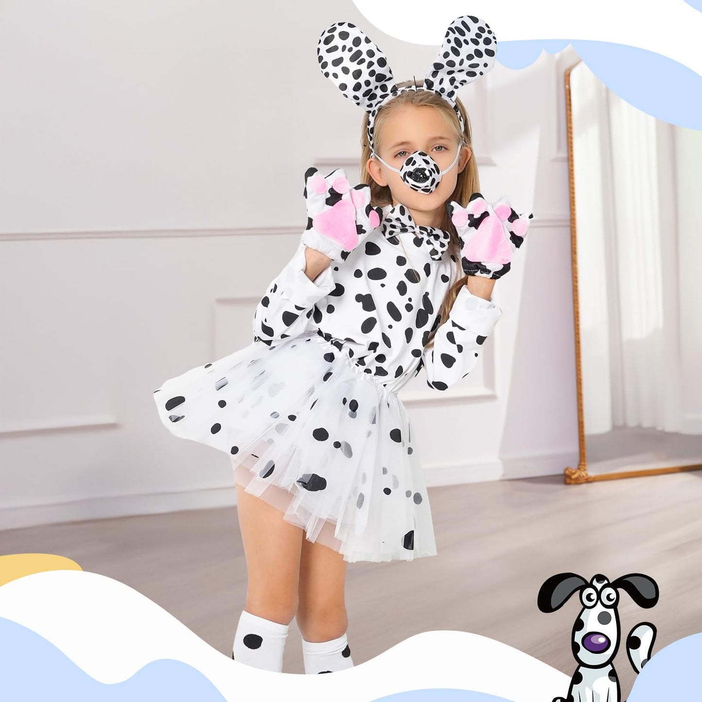 COSPELEY 101 Dalmatian Costume for Kids, Girls Shirt Outfit Ears Headband Socks Accessories for 101st Day Of School (Middle(8-10