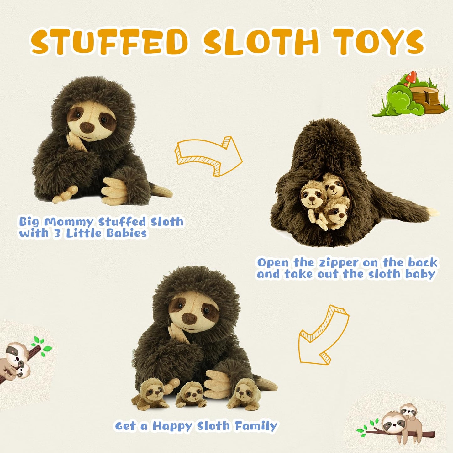 Yohaki Sloth Plush Animal, 11.02'' Cute Stuffed Sloth With 3 Baby Sloths, Easter Stuffed Sloth Animal, Washable Plush Toys, Cute