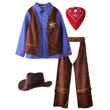 Relibeauty Kids Cowboy Costume For Boys Cosplay Costumes Birthday Party Christmas Halloween Dress Up Gift For Kids 5 Sets,Blue 4T-4/110