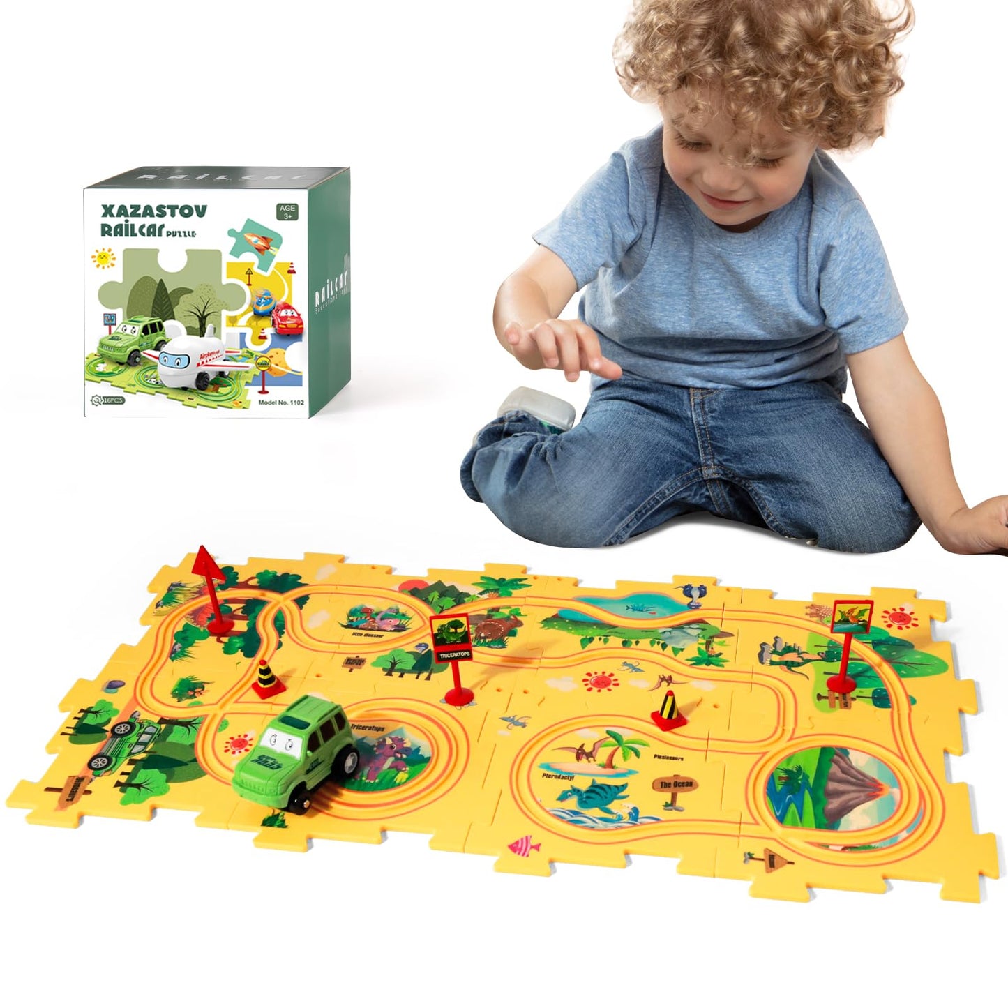 Xazastov Dinosaur Puzzle Track Car Play Set, Plastic Puzzles For Kids Ages 3-5 With Vehicles, Railcar Puzzle, Car Tracks For Tod