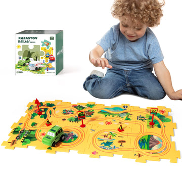 Xazastov Dinosaur Puzzle Track Car Play Set, Plastic Puzzles For Kids Ages 3-5 With Vehicles, Railcar Puzzle, Car Tracks For Tod