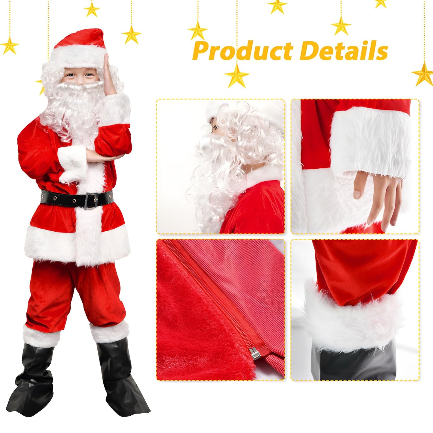 Novint Childrens Santa Suit Costume For Kids Red Deluxe Velvet Santa Suit Halloween Christmas Party Cosplay Costome (9Pcs) (L, R