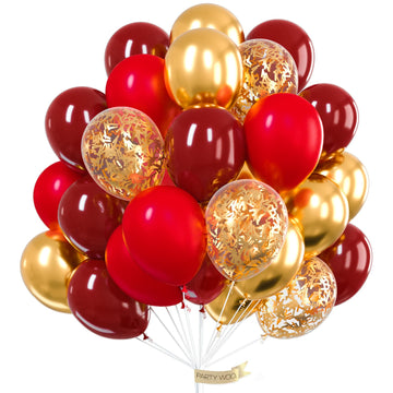 PartyWoo Red and Gold Balloons, 60 pcs 12 Inch Maroon Ruby Dark Red Burgundy Metallic Gold Confetti Balloons for Graduation Chri