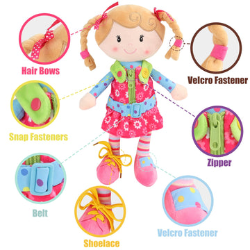 Snuggle Stuffs Sugar Snap Plush Learn to Dress Doll - 15" Montessori Doll for Toddlers, Emma Color, Model 82018, Polyester