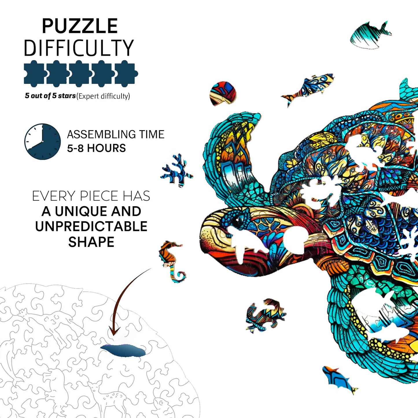 Jigfoxy Wooden Puzzles For Adults, Sea Turtle Wooden Jigsaw Puzzles,Unique Animal Shape Puzzles, Christmas Thanksgiving Gifts For Family Turtle Lover(Xl-22.8 * 19.3In-631Pcs)