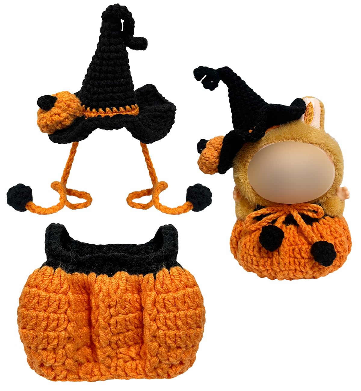 Halloween Clothes for Labubu 2 Piece Handmade Crochet Pumpkin Clothes Accessories for Labubu Outfits with Hat Overall (No Doll Included) (Black)