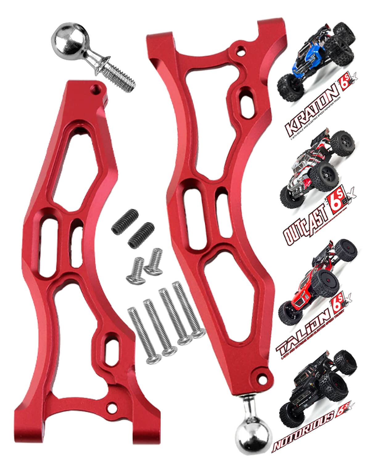 Aluminum Front Lower Suspension A Arms for Arrma 1/8 Kraton 6S BLX, Outcast 6S BLX,Notorious 6S BLX,Talion 6S BLX,ARRCat RC Upgrades Part Hops up Front Lower A Arms,Replce ARA330656,Red -Like New