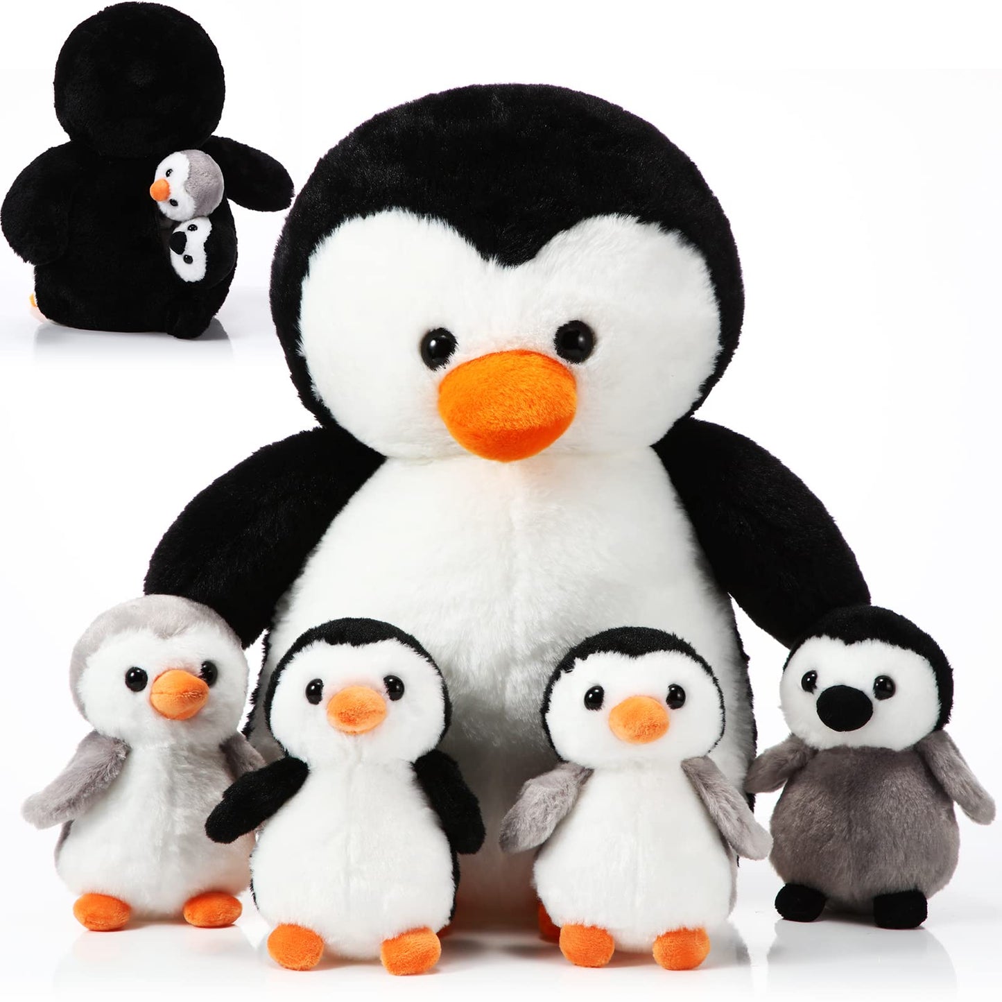 Harrycle 5 Pcs Penguin Plush Toy Set 14 Inch Mommy Penguin Stuffed Animal with 4 Cute Babies in Zippered Belly Soft Cuddly Plush