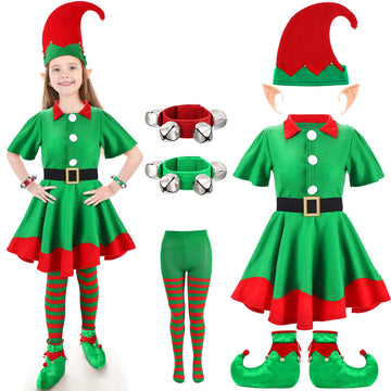 Shinymoon 7 Pcs Christmas Elf Costume Set Velvet Dress Ears Hat Shoes Bell Bracelet Xmas Outfit For Girl Cosplay Party (Small)