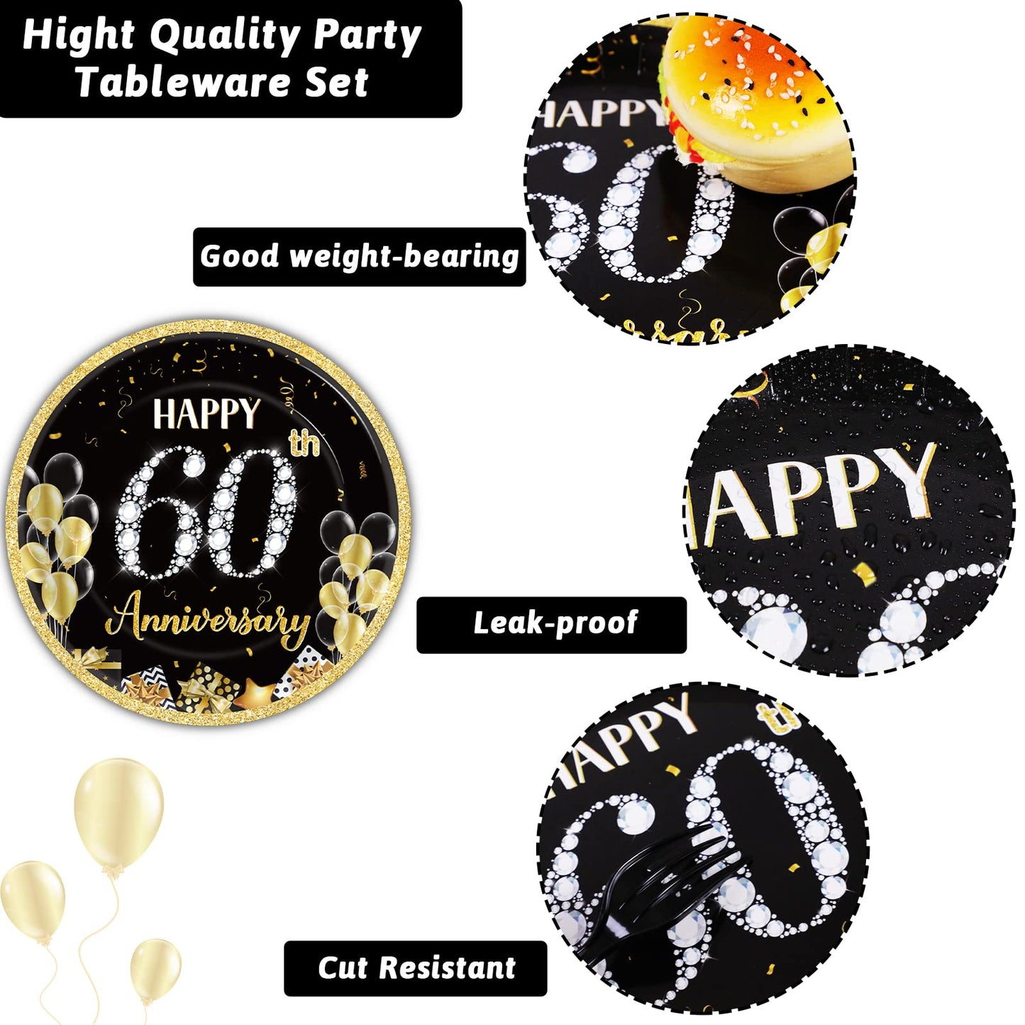 chiazllta 96 Pcs 60th Wedding Anniversary Party Paper Plate and Napkins Supplies Gold Black Disposable Tableware Anniversary Par