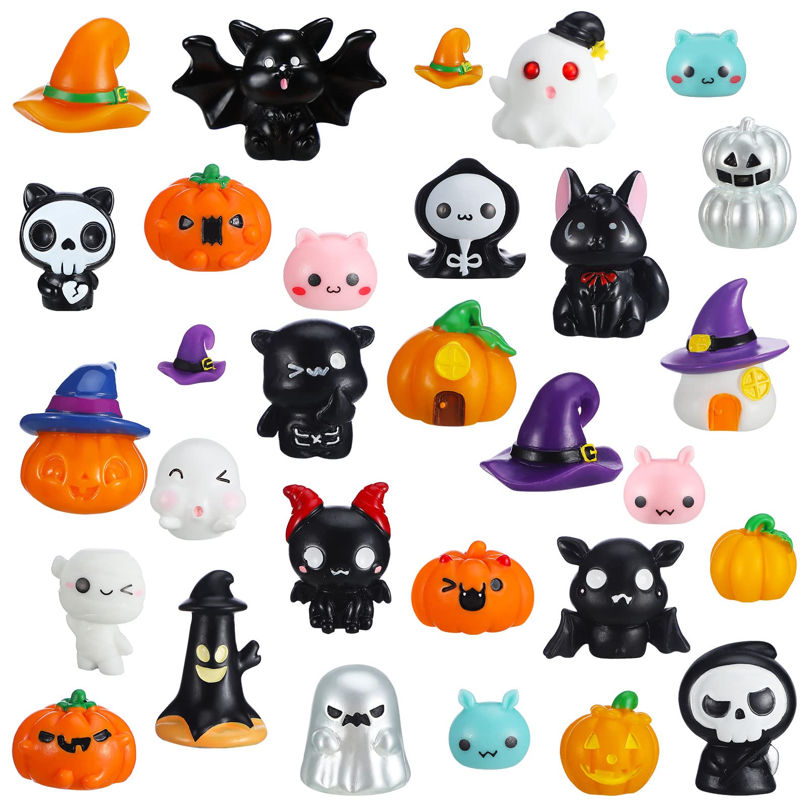 Chunful 30 Pcs Mini Resin Figures Halloween Miniatures Figures Pumpkin Ghost Skull Miniatures Bulk for Halloween Party Favors Ba