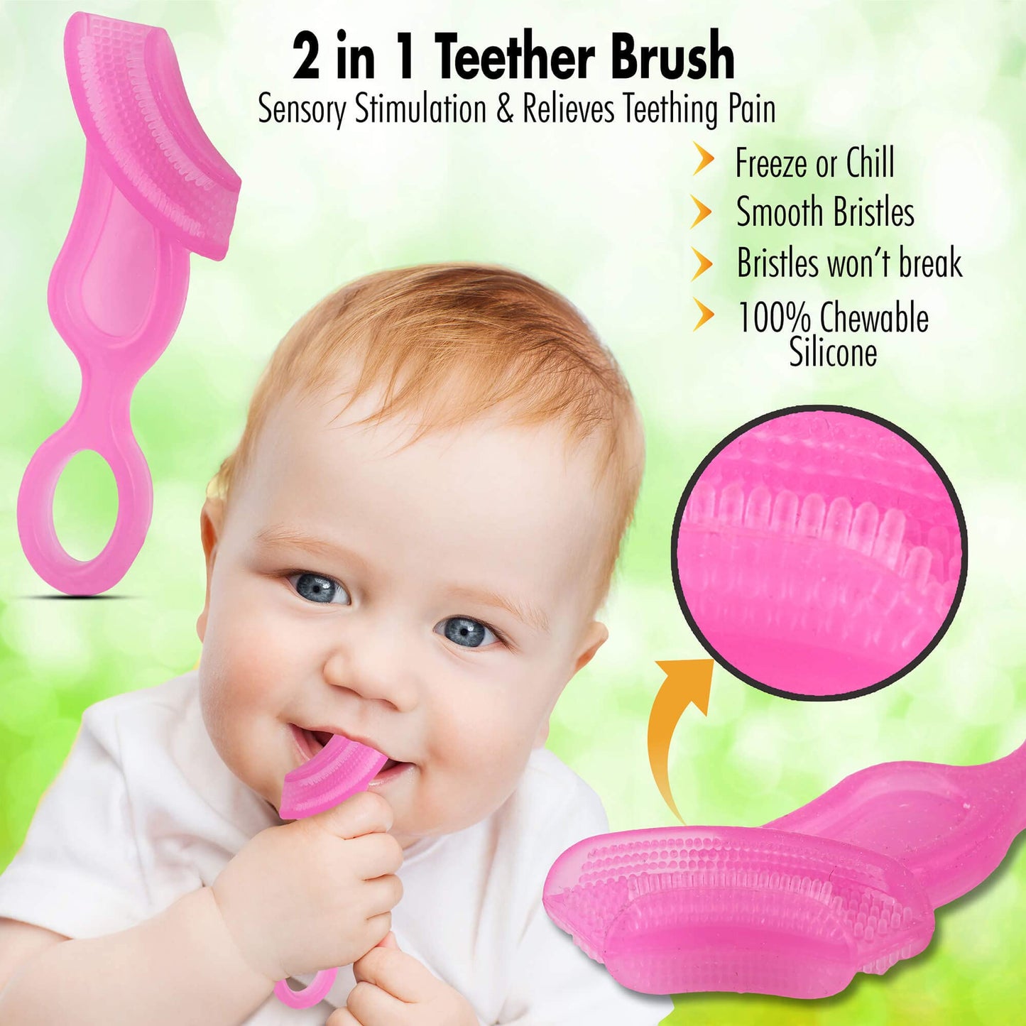 Brilliant Baby Toothbrush - Smooth Silicone Bristles, Pink, 1 Count, Model 00501P, for Ages 4+ Months