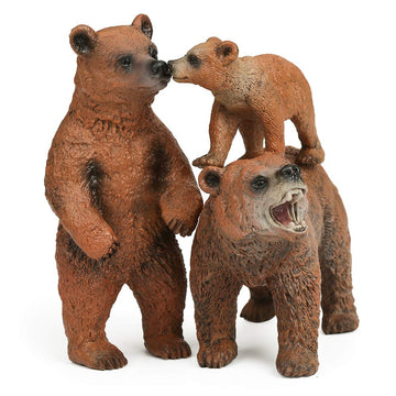Uandme Grizzly Bear Toys Figurines Set, Plastic Forest Animal Bear Family Figures For Nature Science Learning, Realistic Woodland Creature Party Supplies Cake Toppers, Pack Of 3