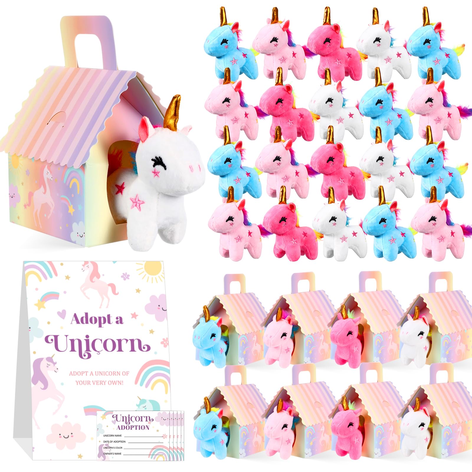 Blueweenly 73 Pcs Adopt a Unicorn Party Favors Set for Girl Mini Plush Unicorn Stuffed Animal Gift Box Adoption Card 1 Animal Si