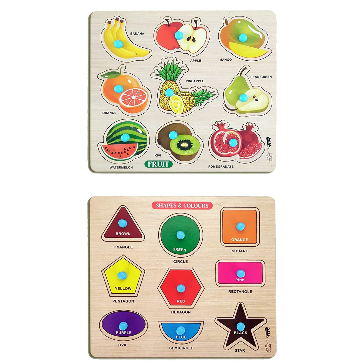 GREST Mini Wooden Shape, Colors and Fruits Puzzle with Knobs, Educational and Learning Game for Kids for Kids