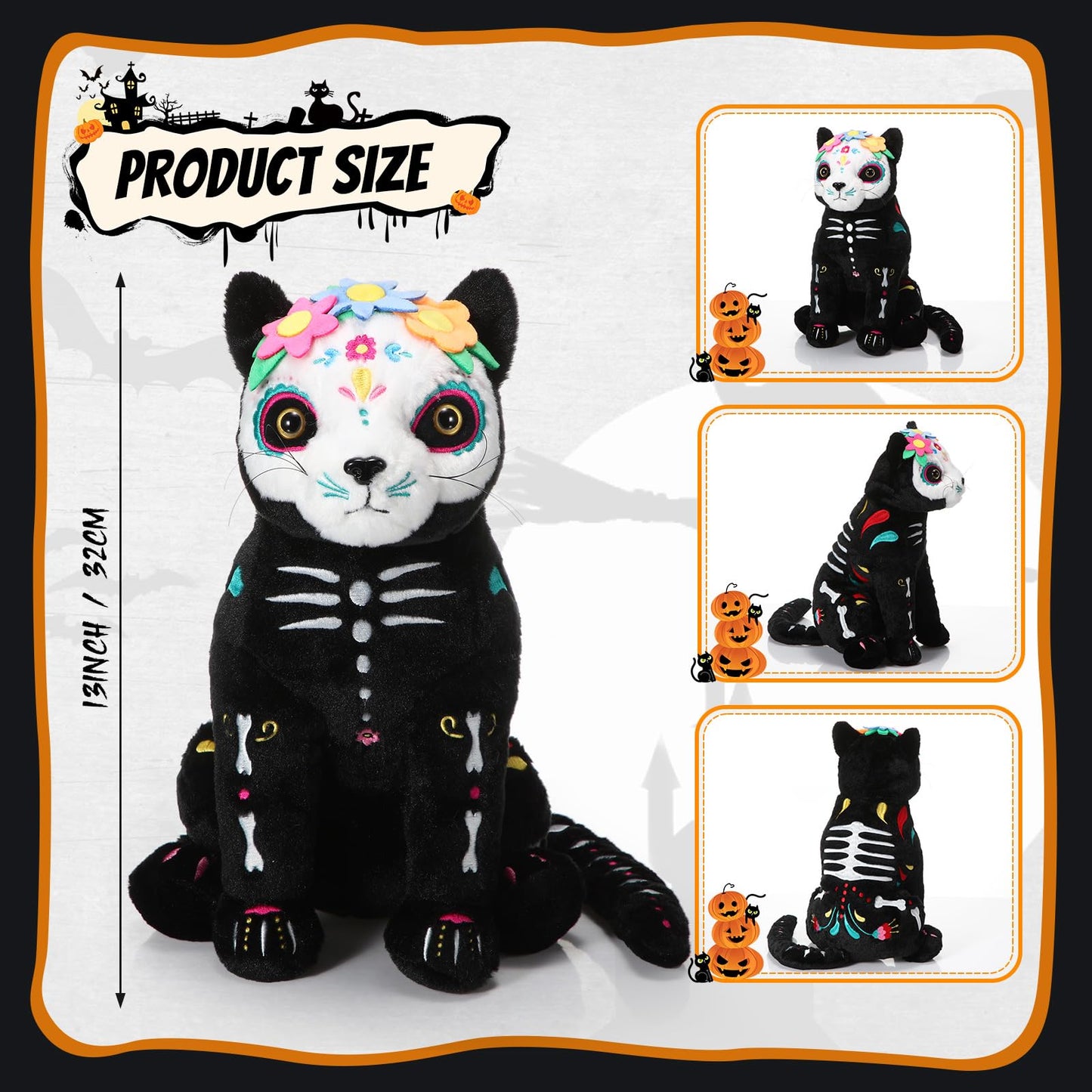 Hiboom Skeleton Black Cat Stuffed Animal 13 Inch Soft Plush Black Kitten Stuffed Animal Nightmare Catnap Plush For Halloween Day