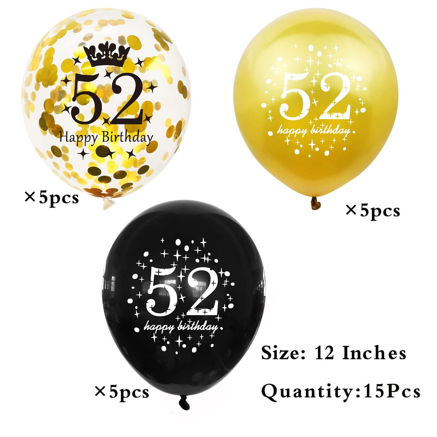SHUNTAI 52nd Birthday Balloons, Black and Gold Latex Confetti, 12 inch, 15 Pieces, Rubber, SHUNTAI-52th Anniversary Party Supplies