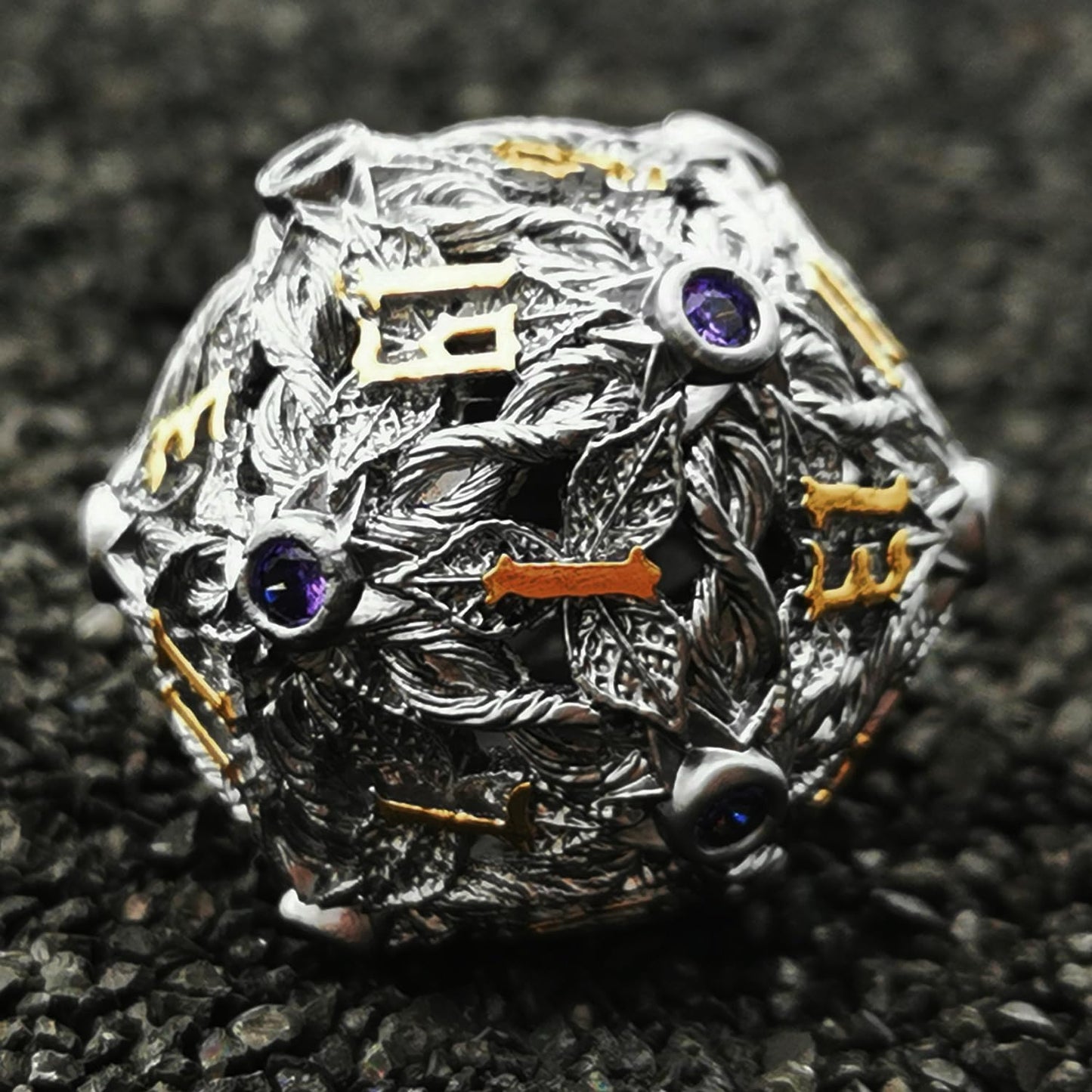 Haomeja Hollow Magic Vine Leaf Dnd Dice Set Metal Dice Set 7 Role Playing Dice D&D Dungeons And Dragons Dice (Gray + Purple Gem)