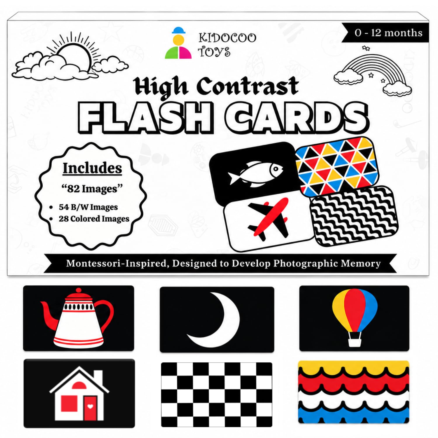 82 Pictures Kidocoo Large High Contrast Flash Cards For Babies | Visual Stimulation & Sensory Development For Infants | Build Fo