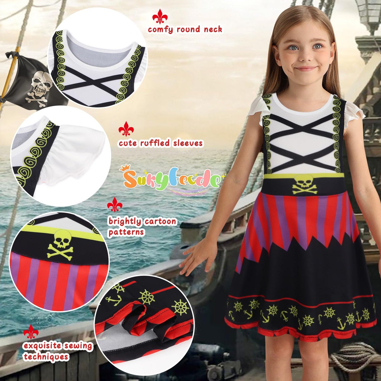 Sukyfecde Pirate Costume Dress Up For Girls Kids Buccaneer Cosplay Outfits Birthday Party Dress Halloween Princess Dresses 4T Bl