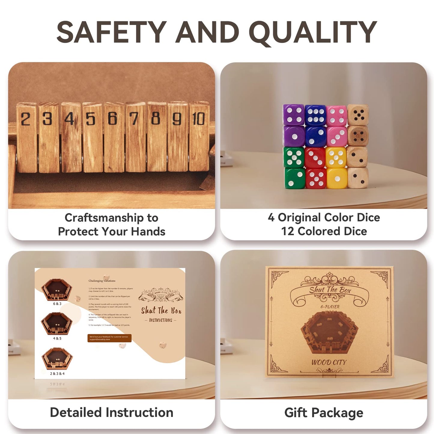 WOOD CITY Shut The Box Game for 6 Players, Wooden Math Game with 16 Dice, Family Fun for Ages 3+, Wood Color