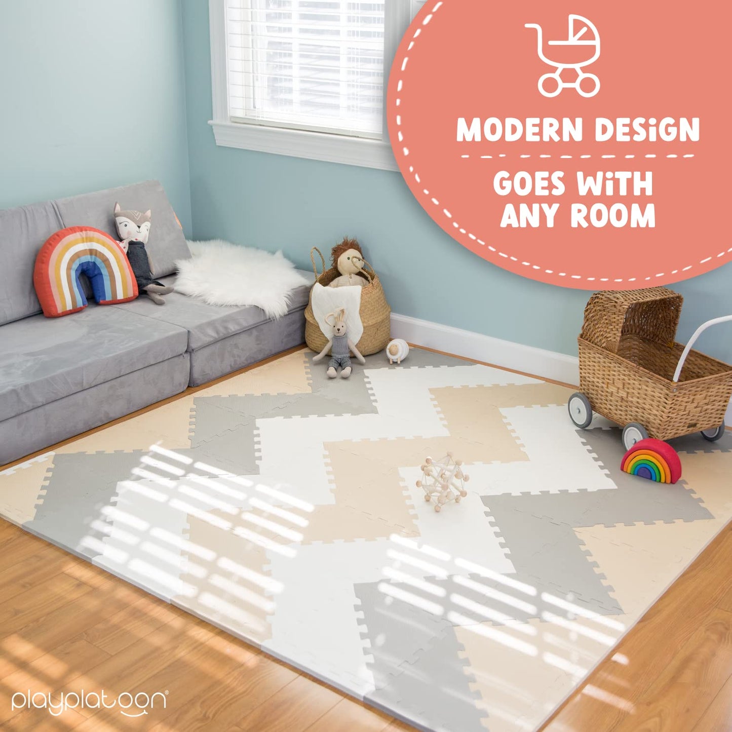Play Platoon Non-Toxic Extra-Thick 96 Piece Triangle Play Mat - Comfortable 6X6Ft Cushiony Foam Floor Puzzle Exercise Mat For Kids & Toddlers - Sand, Gray & Cream