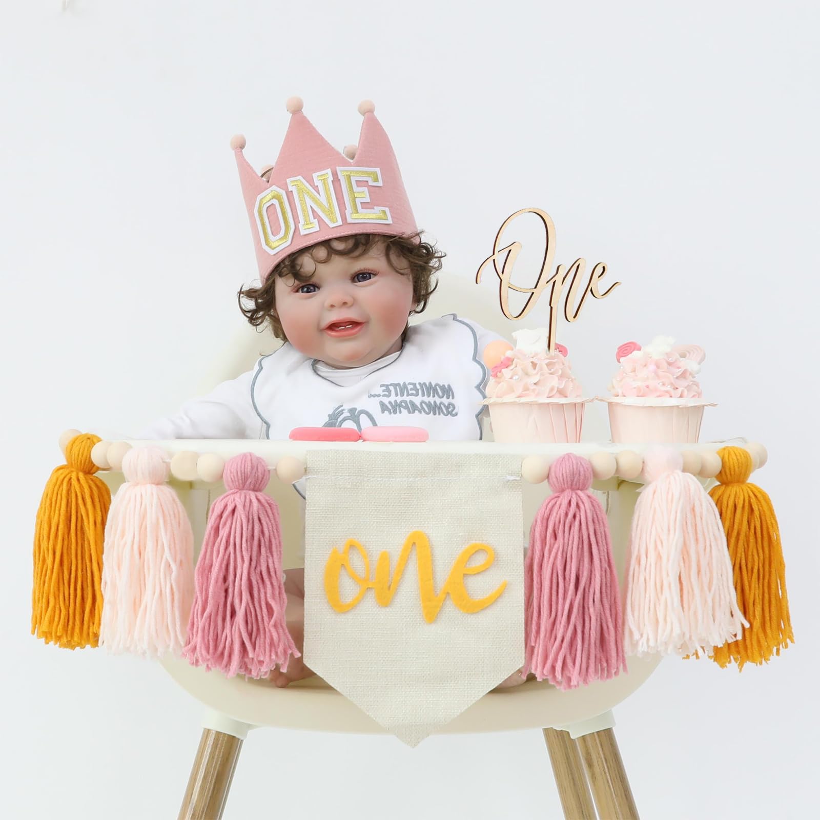 HODIHIWI Baby Girls Pink Yellow 1st High Chair Banner Wood Bead Tassel Garland Crown Hat Wooden Cake Topper Birthday Party Decor
