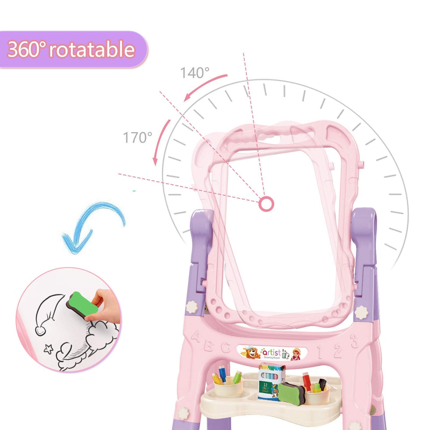 Mojitodon Kids Art Easel - Adjustable Double Sided with Accessories, Pink Model