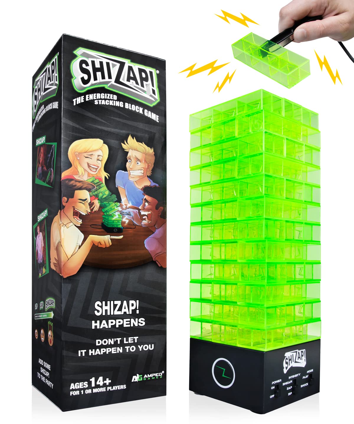 Amped Gamez ShiZap! Illuminated Electric Shock Stacking Block Game - Multicolor, LED Base, Family Fun for Teens & Adults