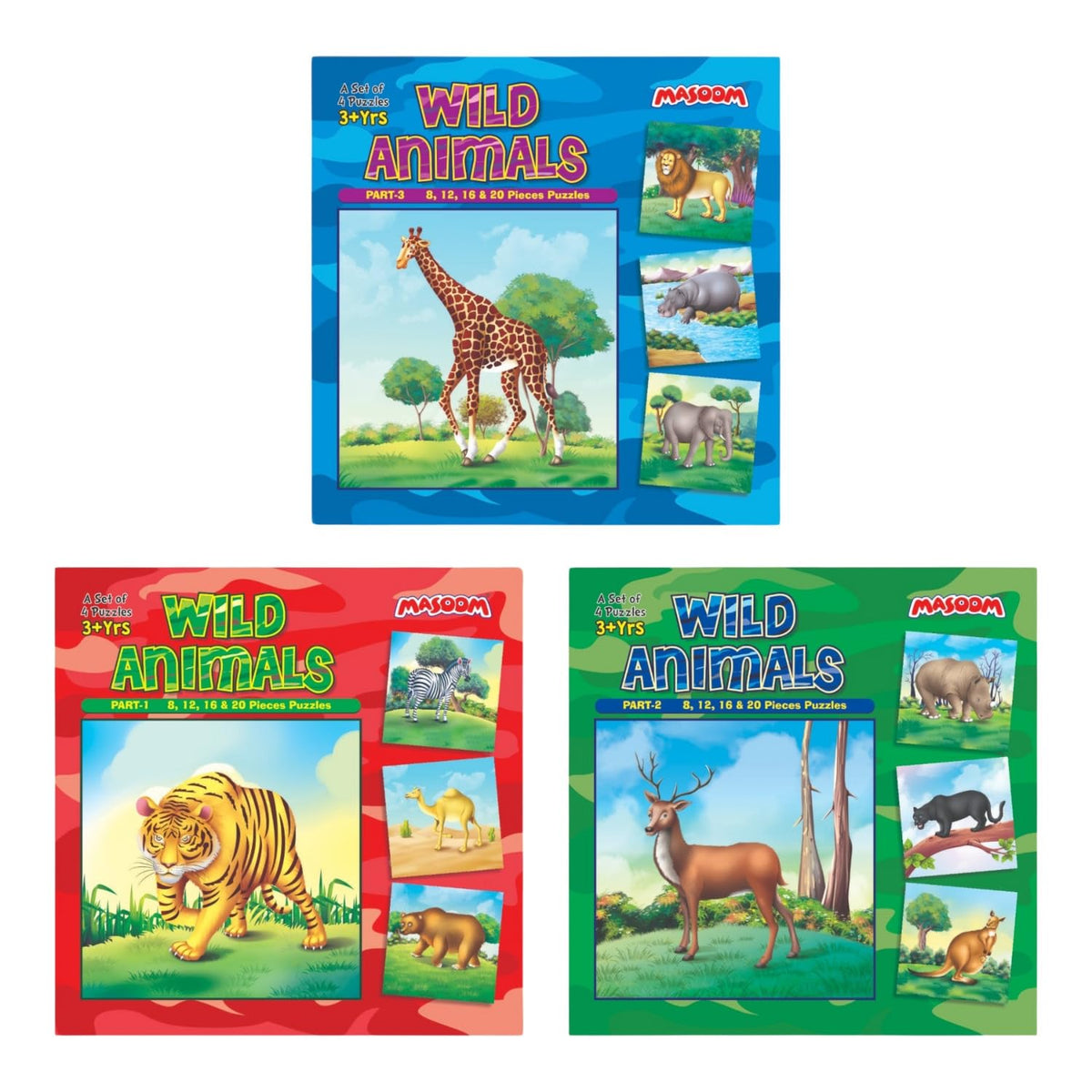 MASOOM Kids set of 12 Wild Animals cardboard Jigsaw Puzzles up to 20 pieces in increasing order of difficulty for 24 years