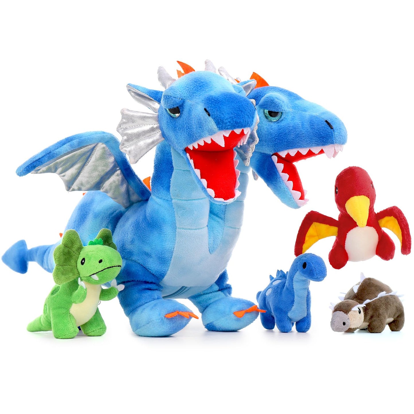 Tezituor Double Headed Dragon Stuffed Animals, 5 PCs Stuffed Dinosaur Plush Toys Set, Mommy Dragon with 4 Baby Dinosaurs Plushie