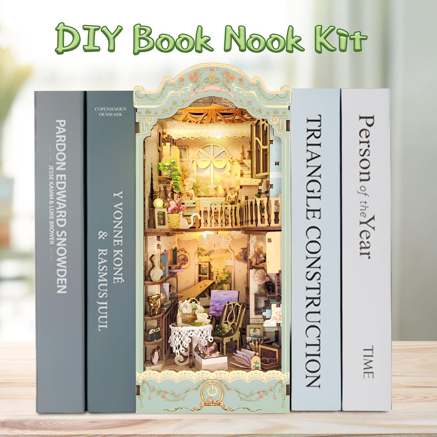 CRIOLPO Book Nook Kit - DIY Dollhouse Booknook  Book Nook Miniature Kit for Bookshelf Insert Decor Craft for mature-themed Teen Halloween  3D Wooden Puzzle Bookends with Sensor Led Light