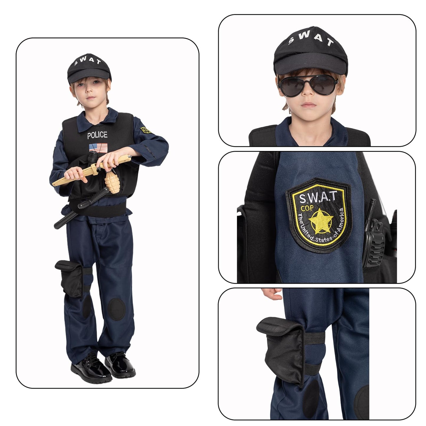 Jazgrom Kids Swat Police Officer Costume With Vest And Accessories, Boys And Girls Role Play Kit, Halloween Cop Cosplay Dress Up