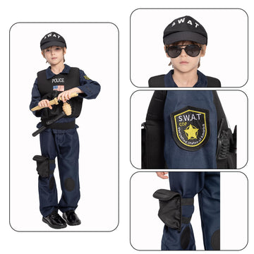 Jazgrom Kids Swat Police Officer Costume With Vest And Accessories, Boys And Girls Role Play Kit, Halloween Cop Cosplay Dress Up