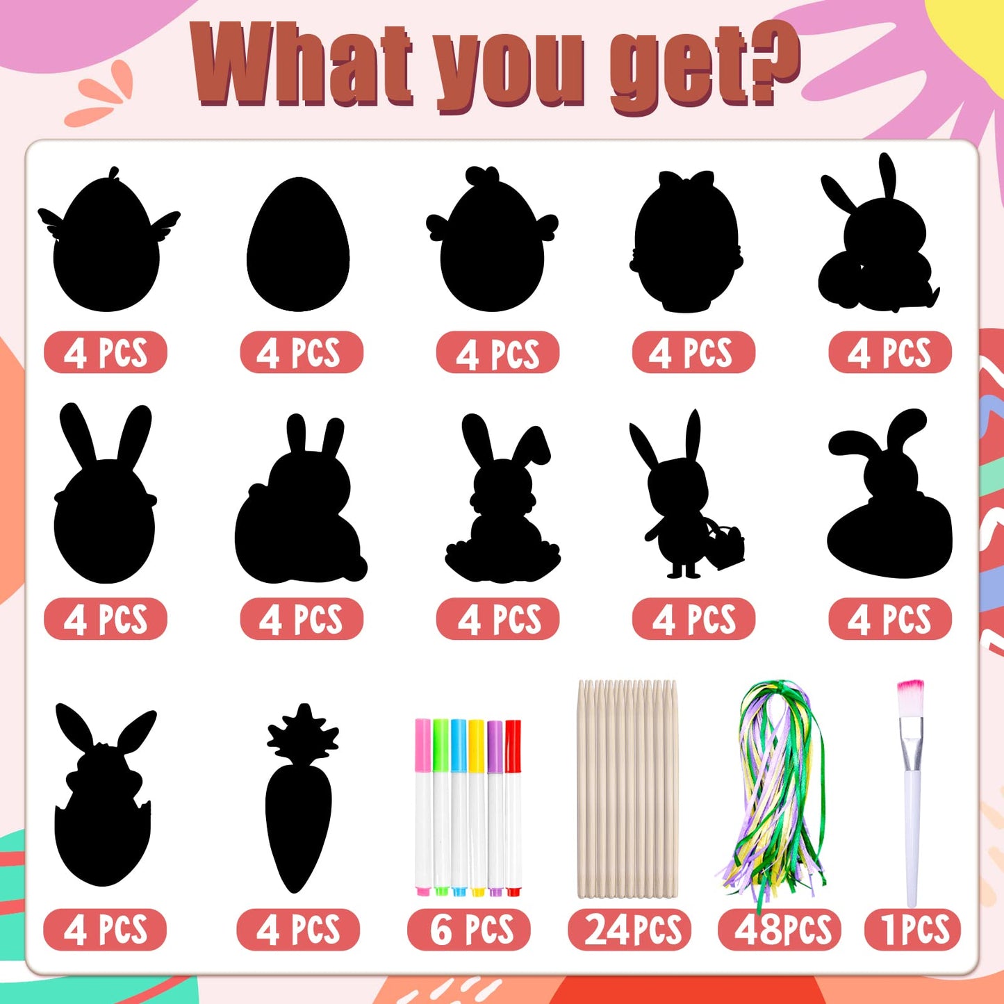 Max Fun Easter Crafts Kit Rainbow Color Scratch Paper Easter Ornaments (48 Counts)-Easter Craft Kit for Kids Easter Basket Stuff