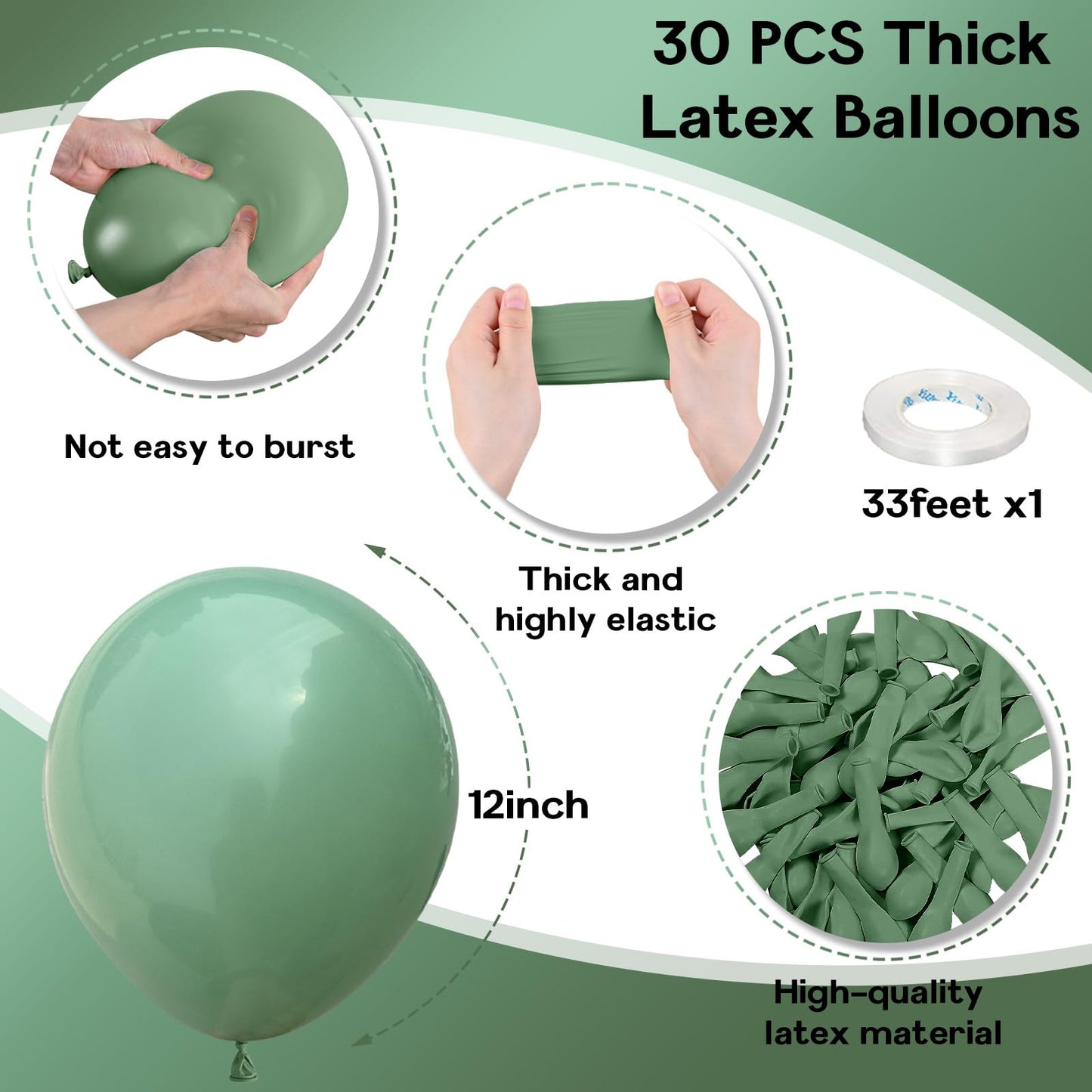 Jobkoo Sage Green Balloons, 12 Inch 30 Pcs Eucalyptus Olive Vintage Green Balloon Matte Dusty Green Dark Avocado Green Helium La