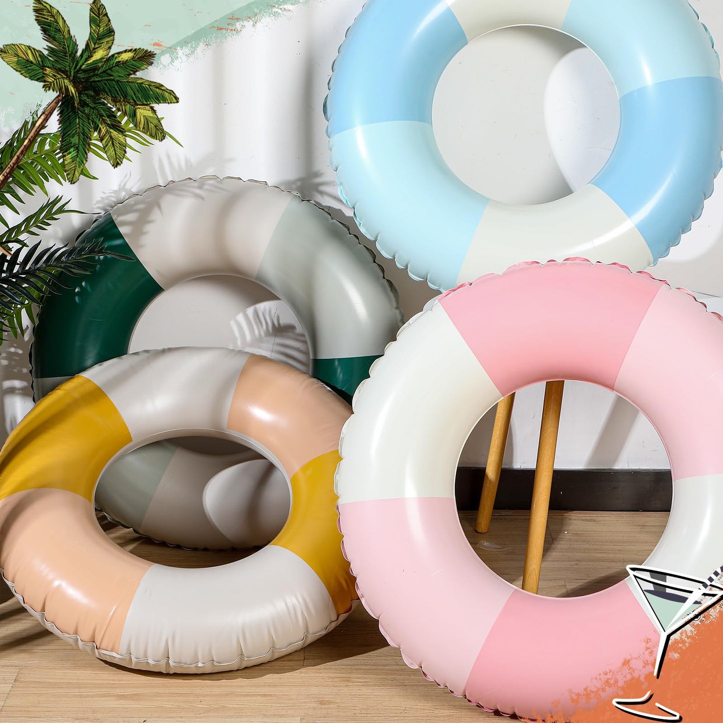 Wettarn 4 Pcs Pool Tubes with Fun Prints Inflatable Floats Swimming Toys Classic Striped Inner Tubes for Pool Bachelorette Floaties for Summer Beach Party Decor Supplies(Splicing Style Age 16)