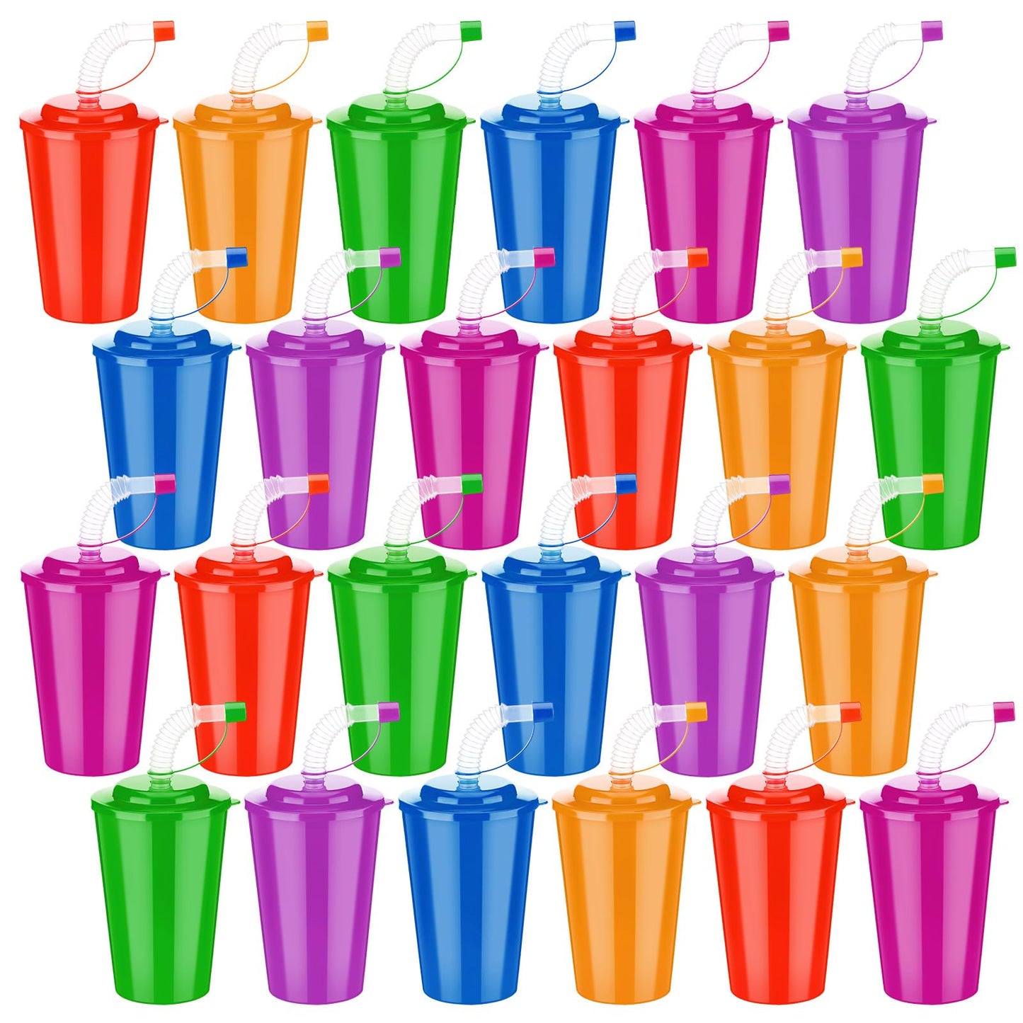 Zubebe 24 Pcs Neon Straws Cups 12 oz Colorful Neon Cups with Sipper and Lids Plastic Favor Reusable Straw for Birthday Party Eve