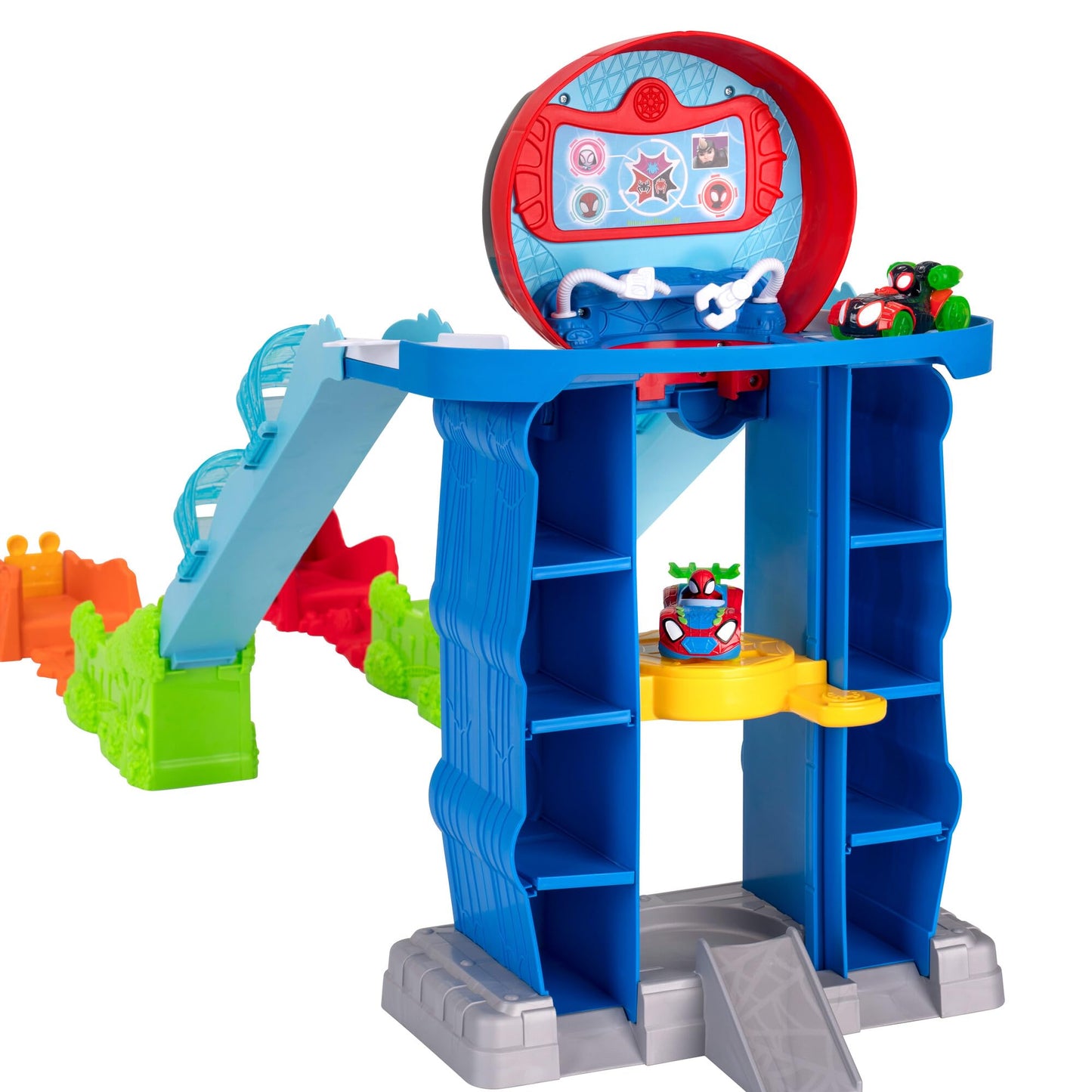 Marvel Spidey And His Amazing Friends Spidey’S Mega Jump Hq Track - 39-Inch Dual Race Track With Elevator, Control Center, Web Tunnels And Two Exclusive Amazing Metals Vehicles
