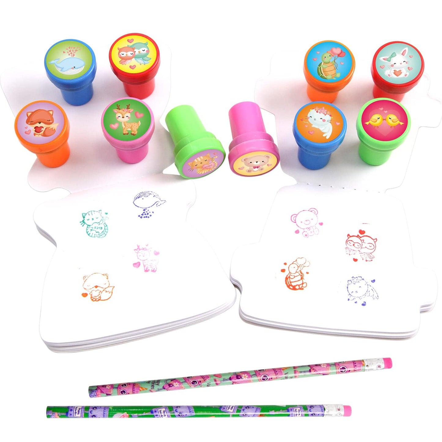 ceiba tree 24 Pack Valentines Day Stationery Gift Set with Treat Bags Stamps Pencils Stickers Rulers Notepad for Kids Party Favo