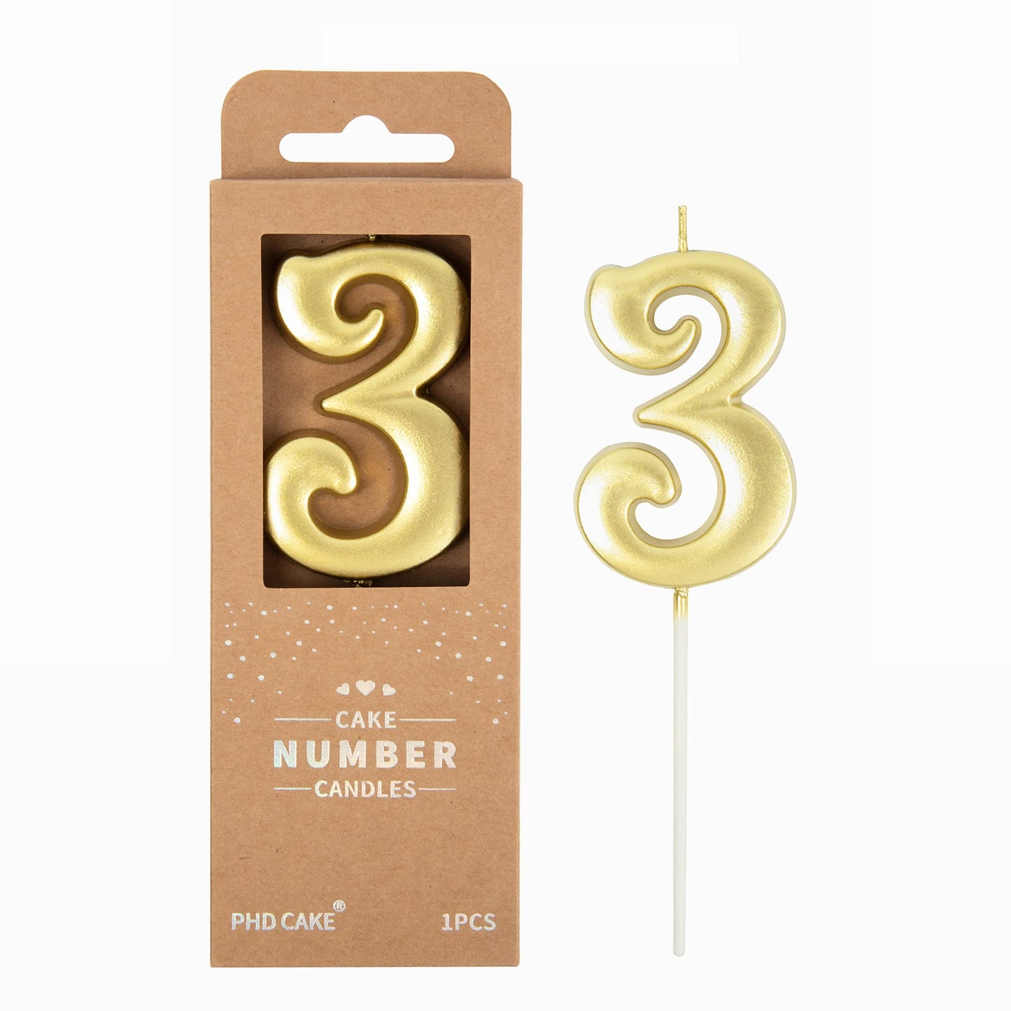 PHD CAKE 2.76 Inch Elegant Gold 3 Number Birthday Candles, Gold Number Candles, Cake Number Candles, Party Celebration