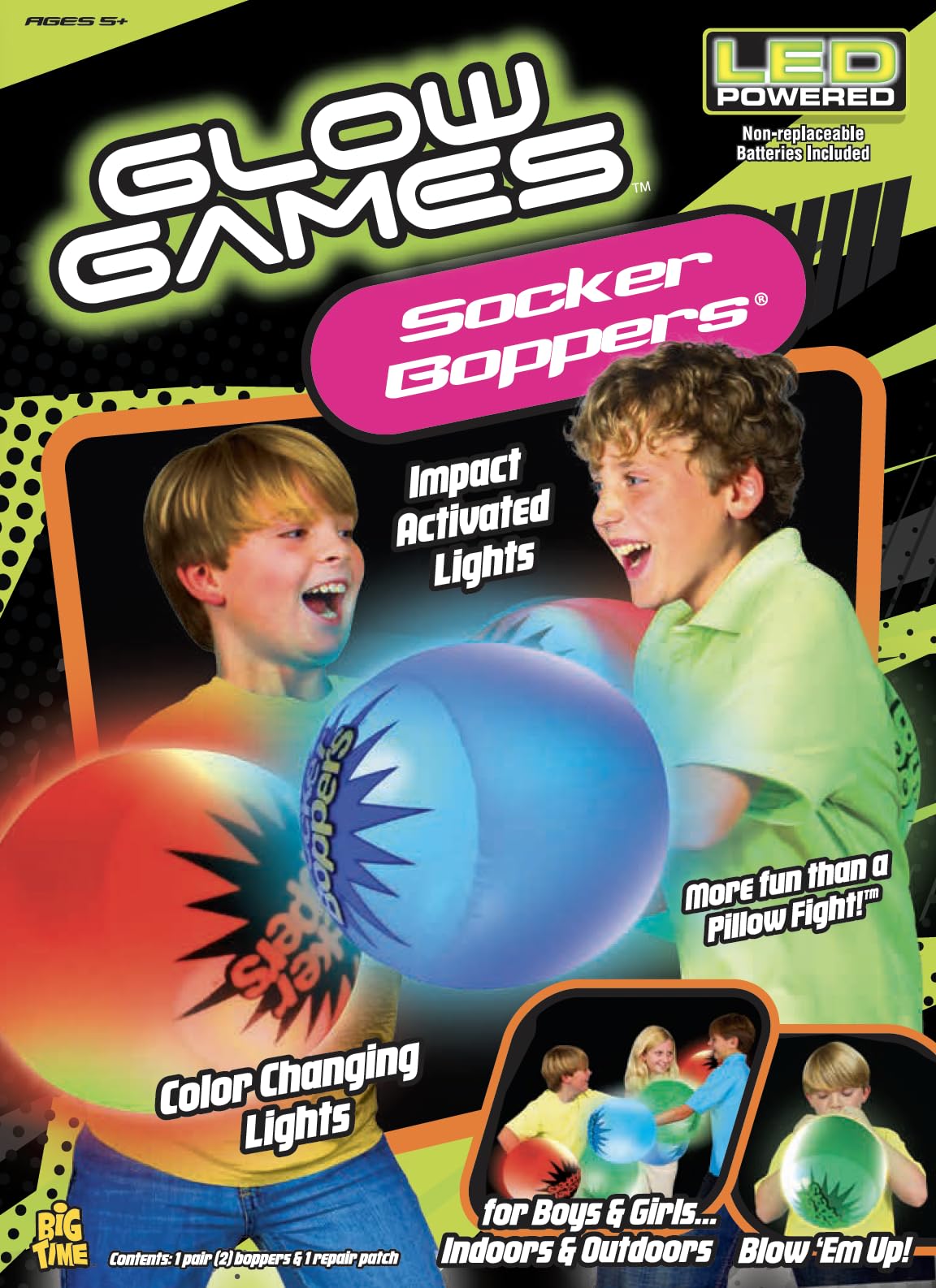 Socker Boppers Light Up Glow Games LED - One Pair Boppers - Impact Activated Light  Lights are Color Changing  Box and Bop  Durable Vinyl  Active Outlet That aids in Agility  Balance and Coordination