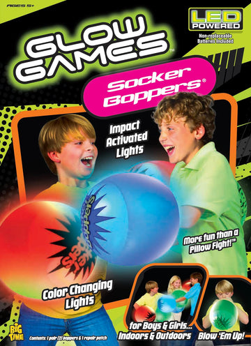 Socker Boppers Light Up Glow Games LED - One Pair Boppers - Impact Activated Light  Lights are Color Changing  Box and Bop  Durable Vinyl  Active Outlet That aids in Agility  Balance and Coordination