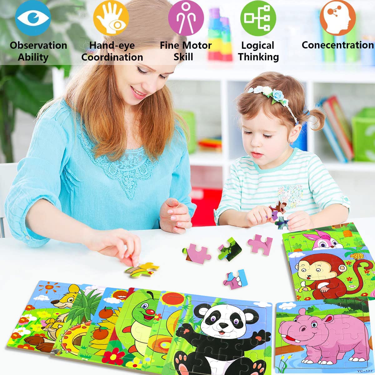 Puzzles for Kids Ages 3-5  9 Pack Wooden Jigsaw Puzzles for Toddlers Ages 3-5 16 Pieces Preschool Educational Learning Toys Set Animals Puzzles for 3 4 5 Years Old Boys and Girls