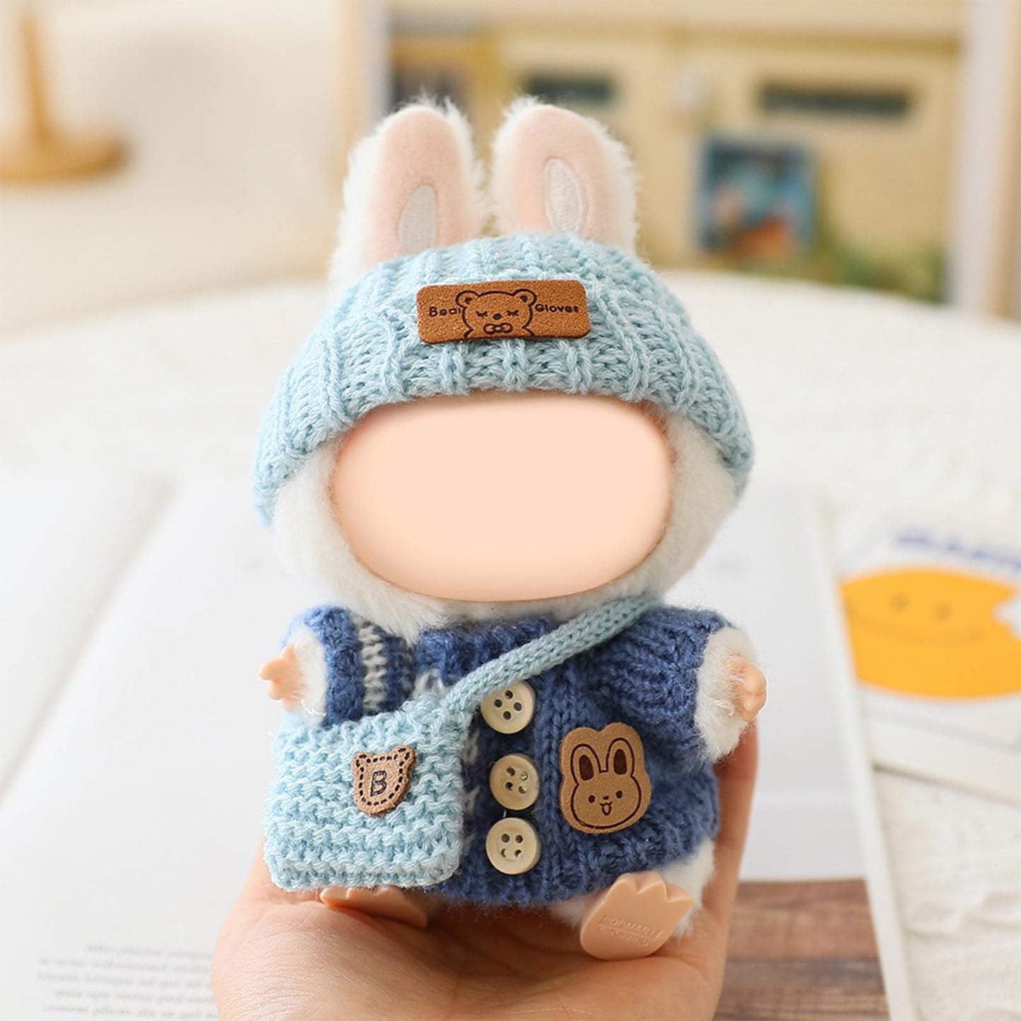 Clothes for LABUBU Doll (NO Doll)  Handcrafted Crochet 3-Piece Accessories for LABUBU 17cm Dolls  enhanced Outfit - Bunny Sweater + Hat + Bag  Cute Clothes for Dress up Unique Style (Blue)
