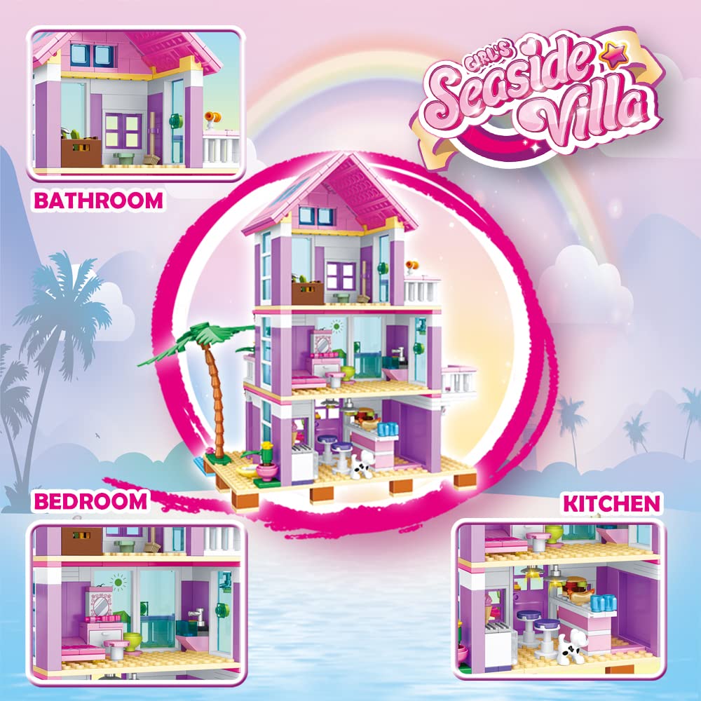 Pusiti Girls Building Blocks Dream House Toys 573 Pieces Seaside Beach Villa Friends Building Set Educational Holiday Cottage Construction Bricks Toys