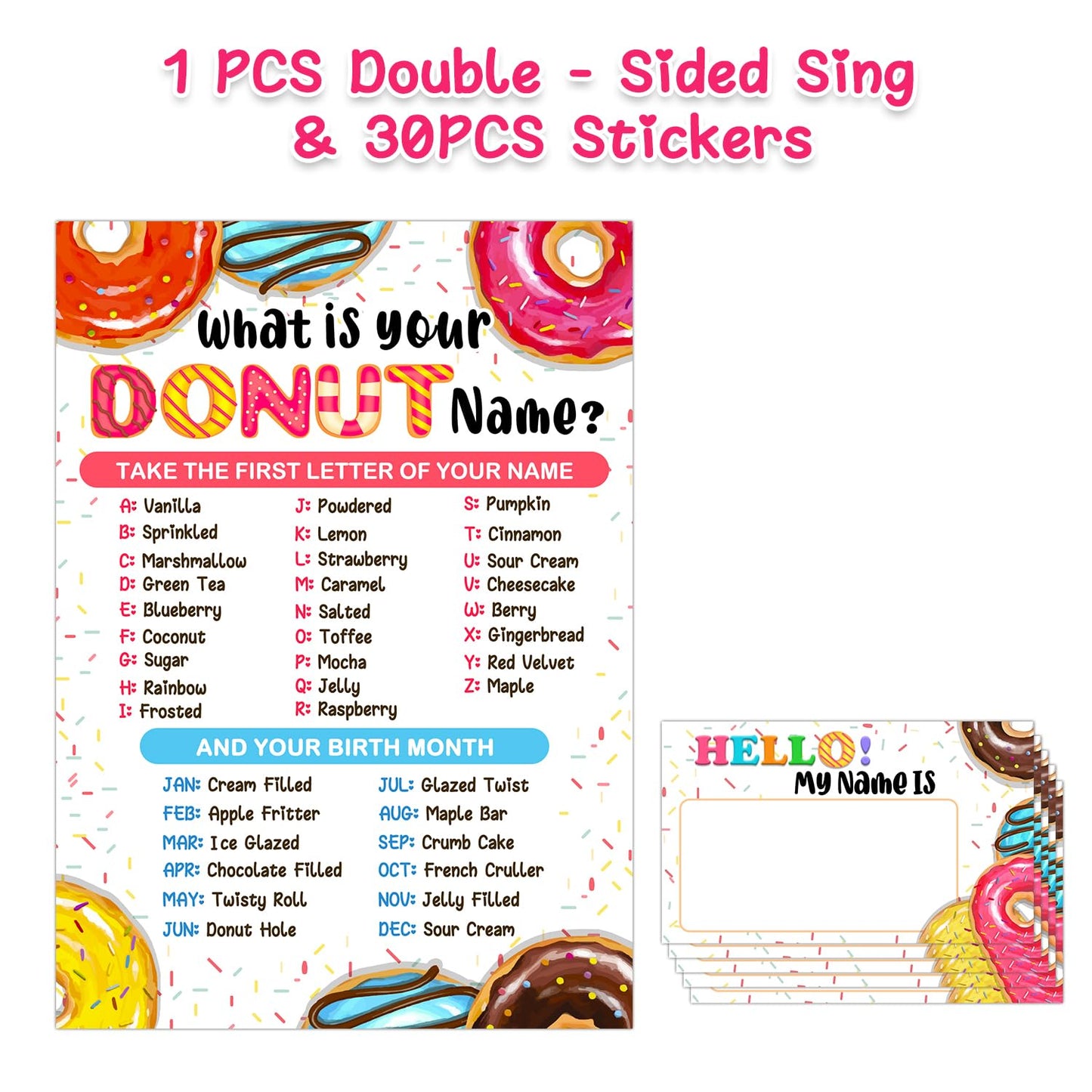 What Is Your Donut Name Game, Game Sign And 30 Cards, Donut Birthday Party Sign For Girls, Wedding, Anniversary, Holiday Activit