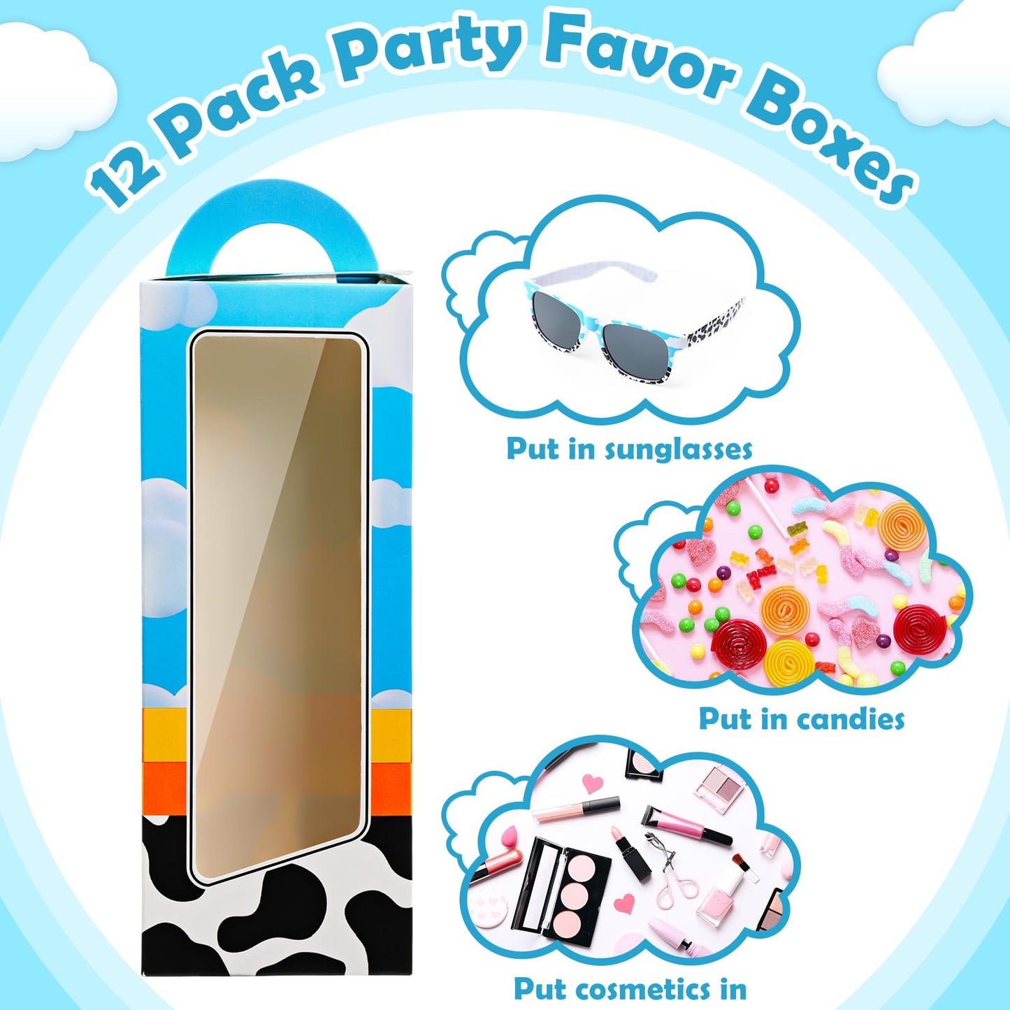 Relaxweex 12 Sets Cartoon Farm Party Favors Includes Cow Pattern Party Gift Boxes Blue Sky White Cloud Sunglasses DIY Christmas